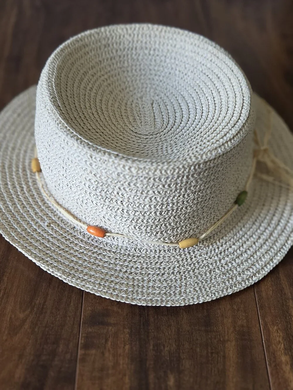 NWOT Old Navy Woven Straw Boater Hat with Bead Trim - Natural